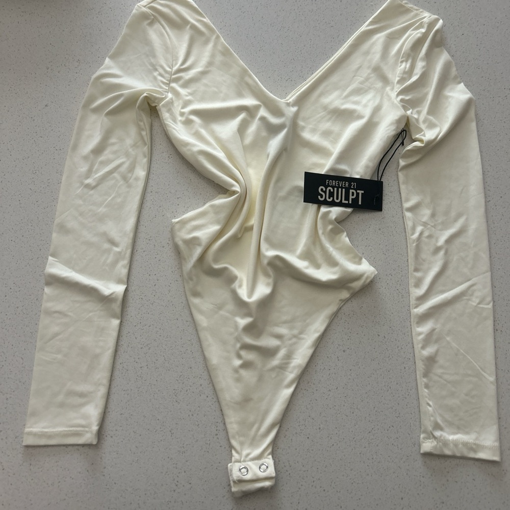 Forever 21 Cream Asymmetrical Long Sleeve Bodysuit